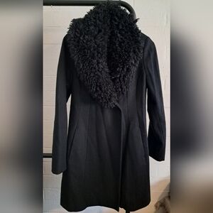 Moda International Black Wool-Blend Trench Coat with Faux Shearling Collar